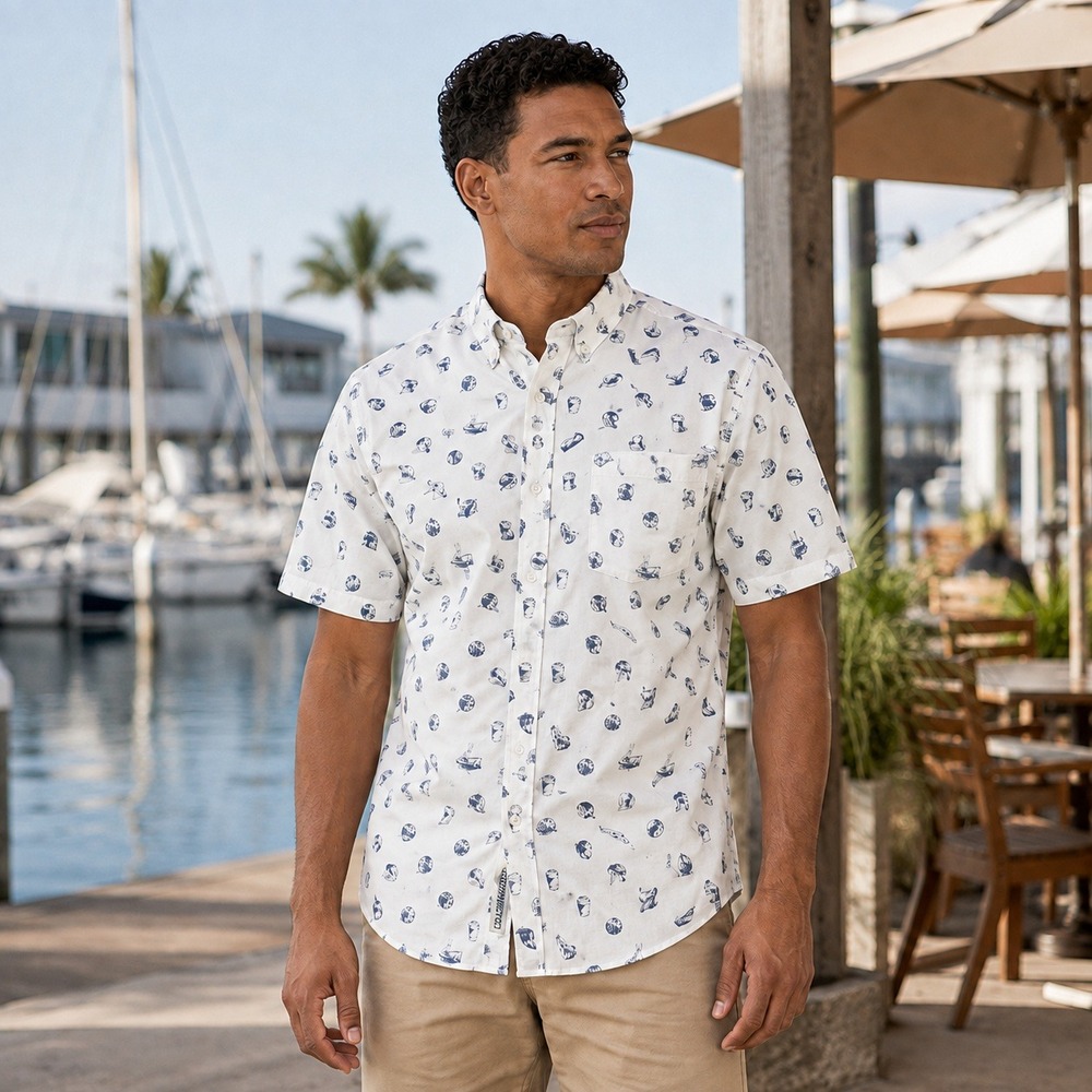 KAVU Mens M White Graphic Print Short Sleeve Cotton Button Up Shirt Outdoor